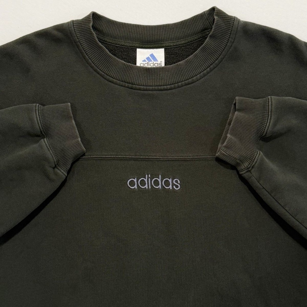 Vintage 90s Adidas Center Logo Crewneck Sweatshirt Army Green Pouch Pockets L